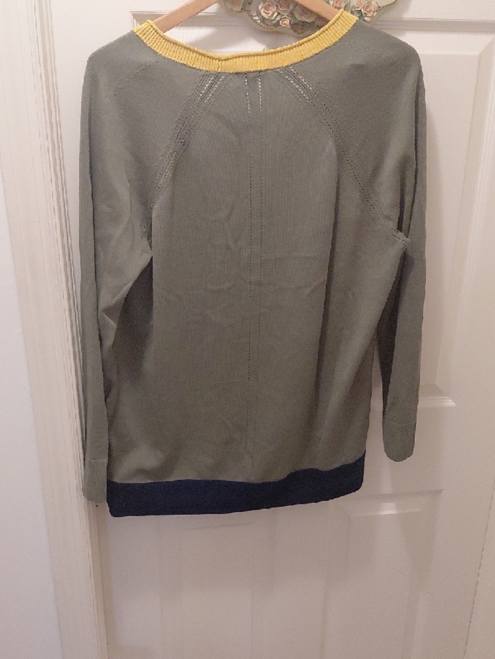 Talbots Olive Green V-Neck Cardigan with Yellow Trim and Navy Hem - Picture 6 of 7